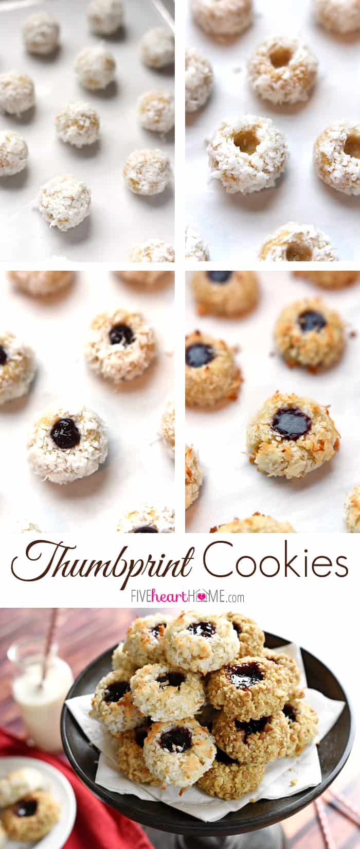 Jam Thumbprint Cookies ~ simple and classic cookies that are lightly sweet with an almost shortbread-like texture, a versatile coating of toasty coconut or chopped pecans, and a fruity center of your favorite jelly or jam! | FiveHeartHome.com via @fivehearthome