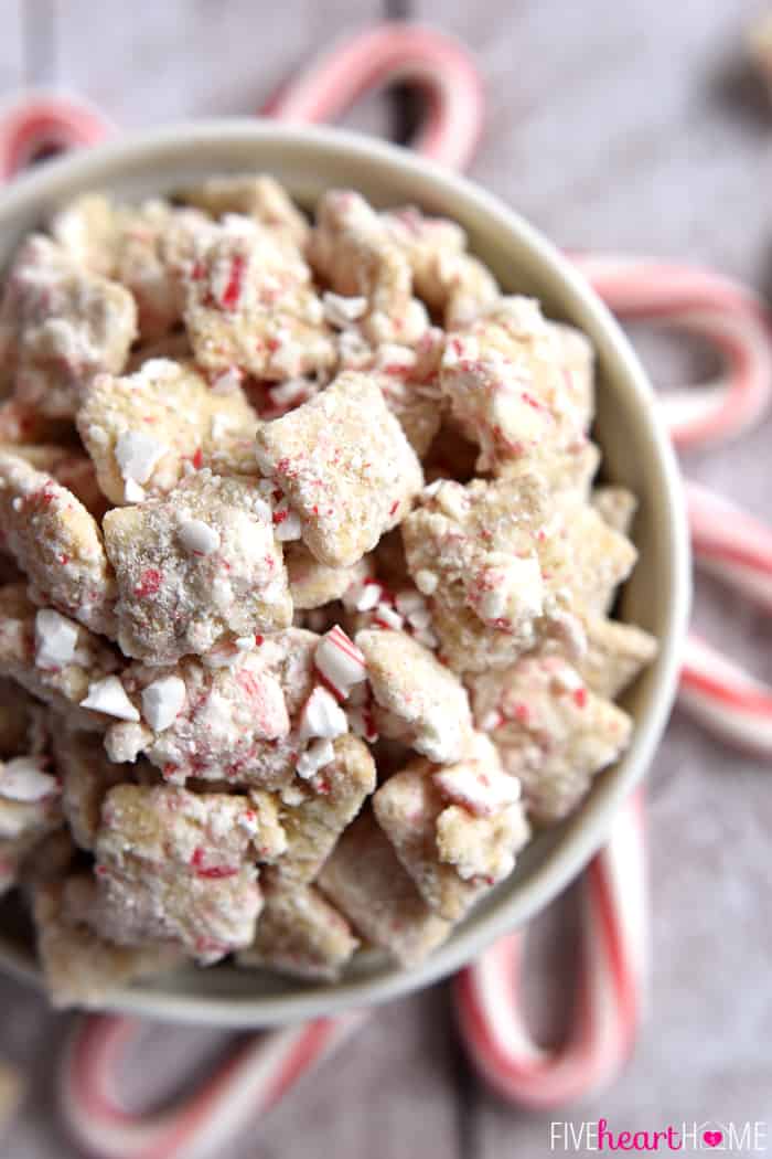 Christmas Puppy Chow made with white chocolate and peppermint coated Chex cereal.