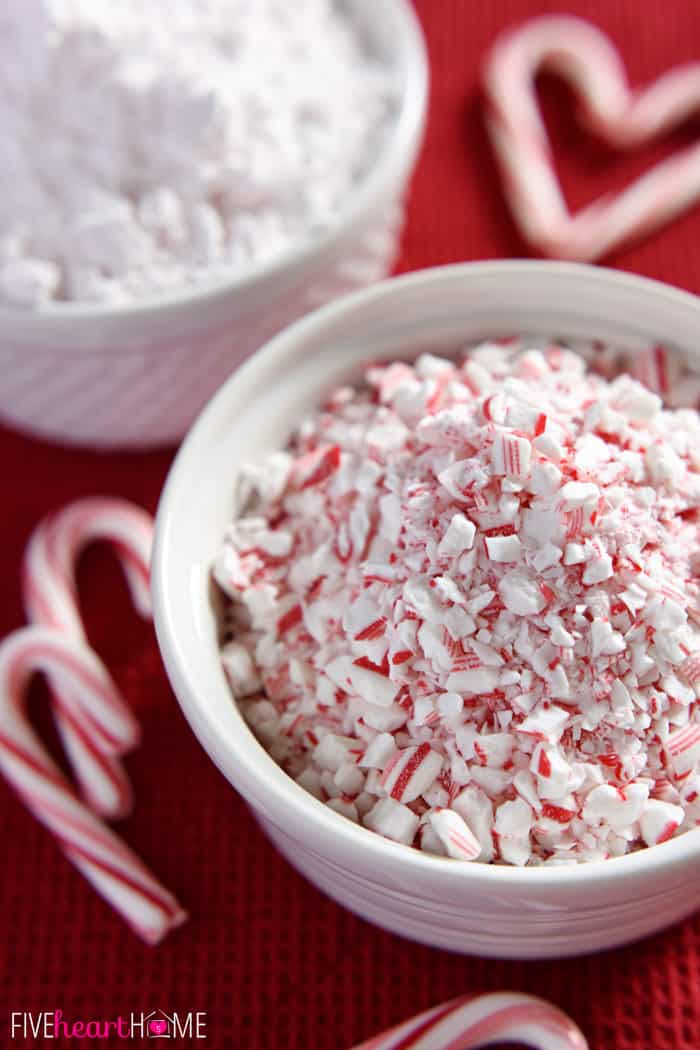 Crushed peppermint candy canes in a white bowl.