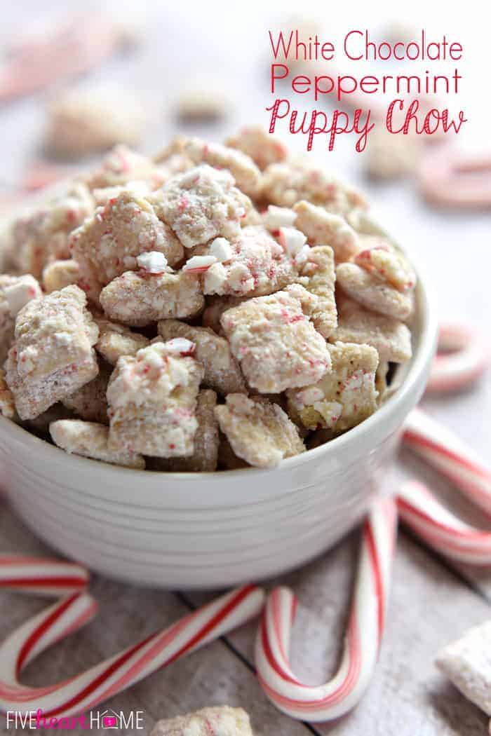 Christmas Puppy Chow (AKA, Muddy Buddies) ~ a delicious holiday snack mix made with white chocolate, peppermint, and Chex cereal...perfect for serving at parties, giving as a gift to neighbors and friends, and using up leftover candy canes! | FiveHeartHome.com via @fivehearthome