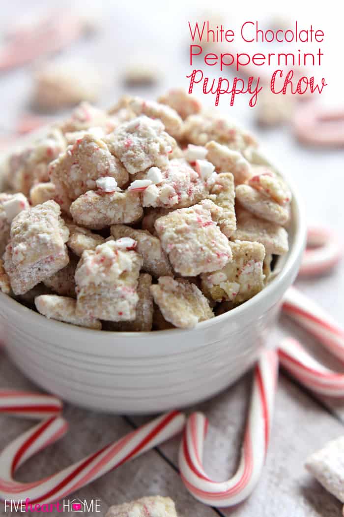 Christmas Puppy Chow (AKA, Muddy Buddies) ~ this delicious holiday snack mix is made with white chocolate, peppermint, and Chex cereal...perfect for serving at parties, giving as a gift to neighbors and friends, and using up leftover candy canes! | FiveHeartHome.com via @fivehearthome