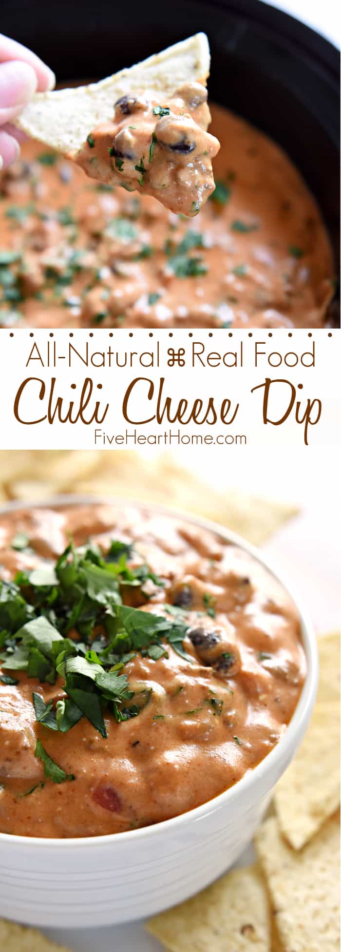 All-Natural Chili Cheese Dip ~ this decadent, creamy, real food version of Chili's Skillet Queso features from-scratch chili, homemade cheddar cheese sauce, and no processed ingredients! | FiveHeartHome.com via @fivehearthome