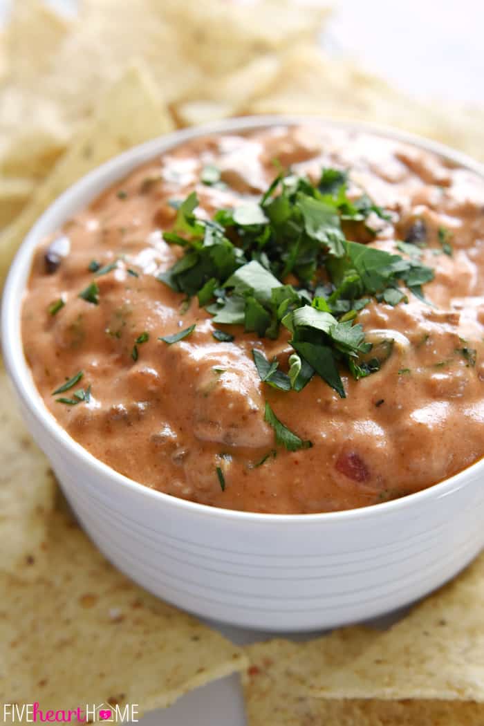 Served in a white bowl, garnished with cilantro, and surrounded by tortilla chips for dipping