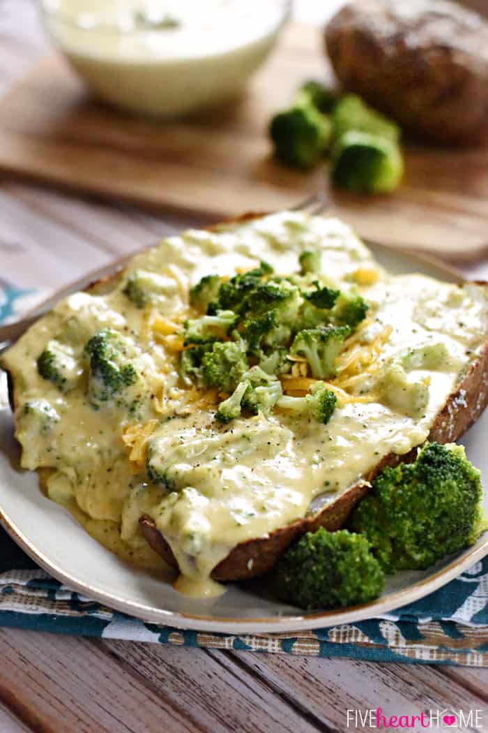 Broccoli Cheese Sauce for Baked Potatoes on a White Plate and Decorative Napkin 