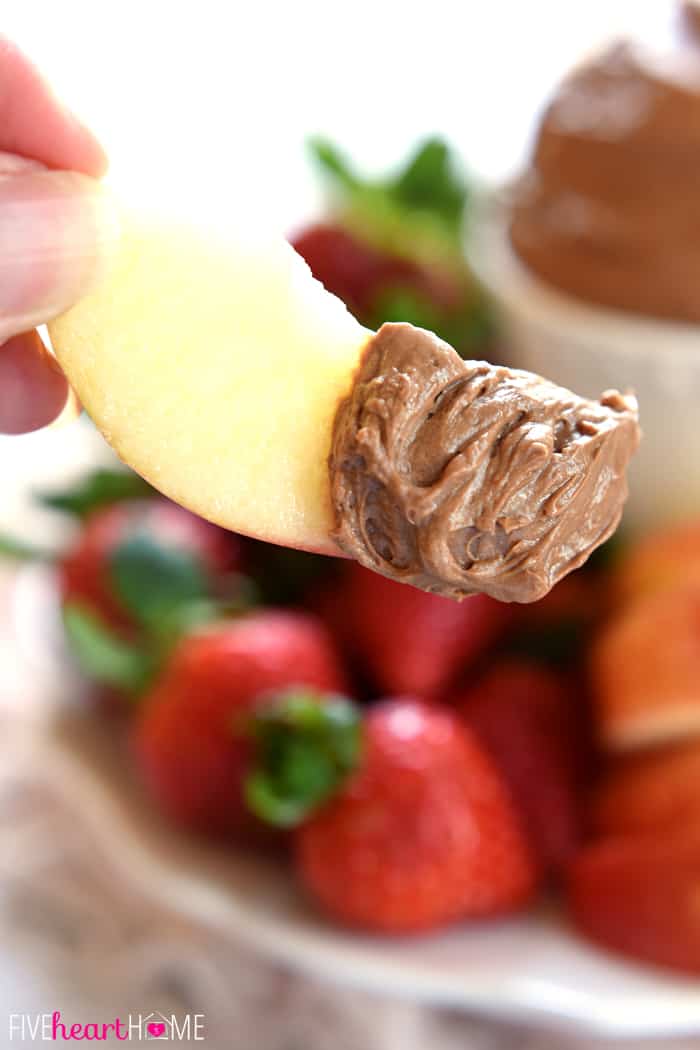 Fluffy Chocolate Fruit Dip On An Apple Slice 