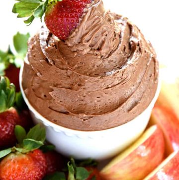 Fluffy Chocolate Fruit Dip with strawberry on top.
