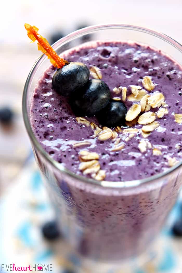 Close-up of blueberry Oatmeal Smoothie.