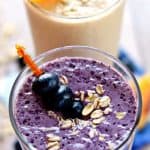 Healthy Oat Smoothies {Blueberry Muffin & Peach Cobbler Flavors} ~ thick, filling smoothies featuring oats, yogurt, and frozen fruit taste just like blueberry muffins and peach cobbler! | FiveHeartHome.com