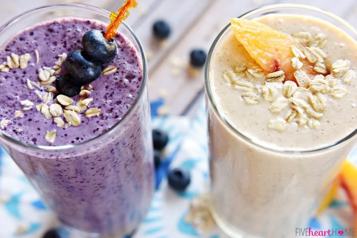 A blueberry and peach oat smoothie, side by side.