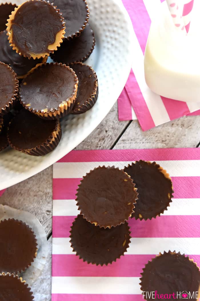 Homemade Peanut Butter Cups ~ these easy, all-natural peanut butter cups whip up with just three ingredients! | FiveHeartHome.com Aerial View on Pink Striped Napkin