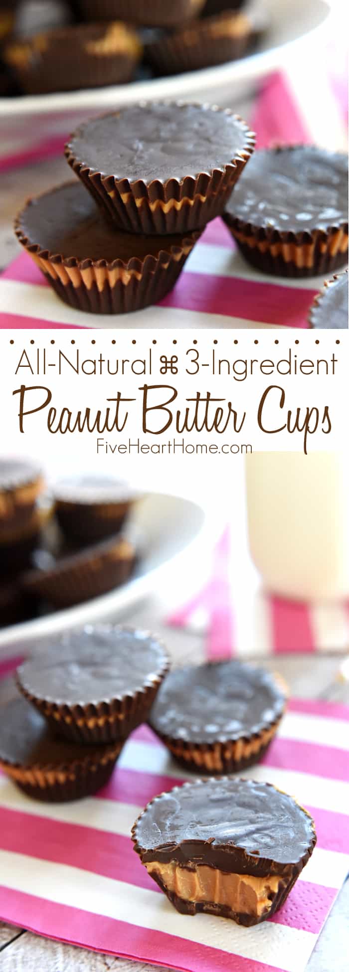 Homemade Peanut Butter Cups ~ these easy, all-natural peanut butter cups whip up with just three ingredients! | FiveHeartHome.com via @fivehearthome