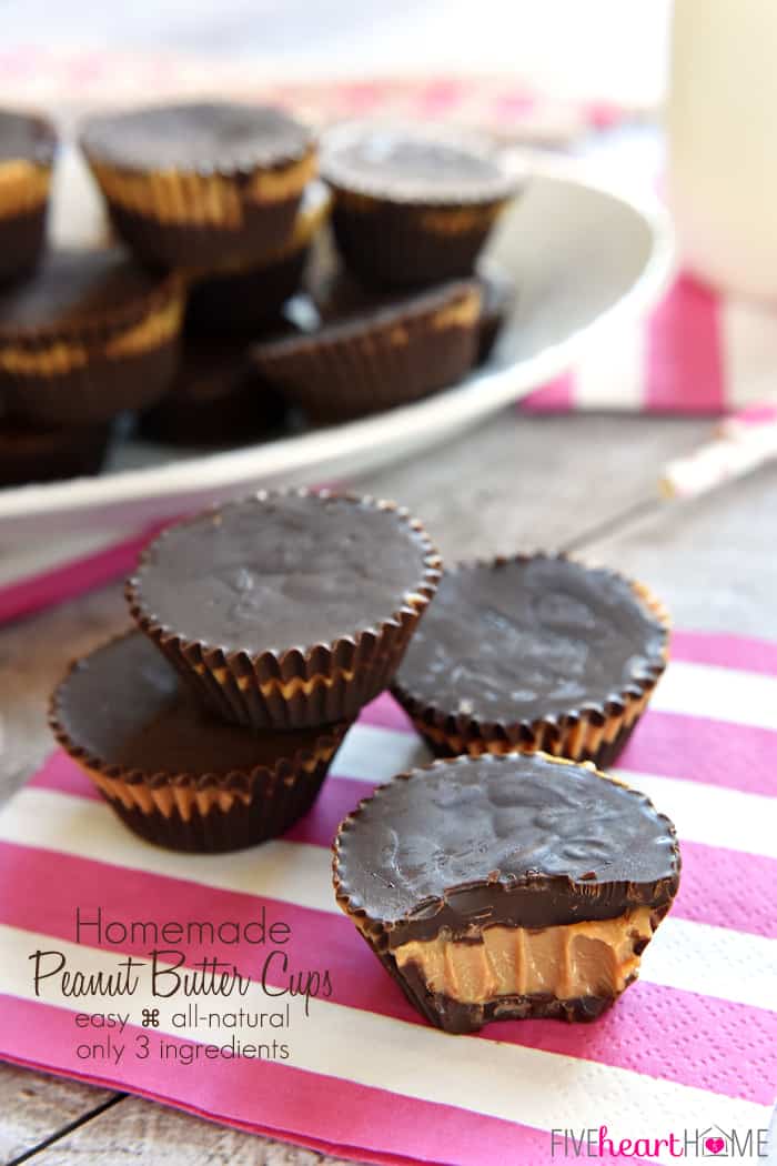 Homemade Peanut Butter Cups ~ these easy, all-natural peanut butter cups whip up with just three ingredients! | FiveHeartHome.com Homemade Peanut Butter Cups with Text Overlay