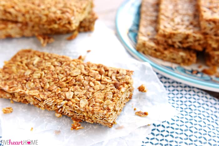 Oats and Honey Granola Bars on table and plate.