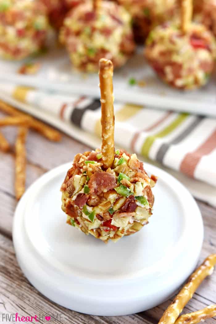 Pimento Cheese and Bacon Mini Cheese Ball Bite on white plate.