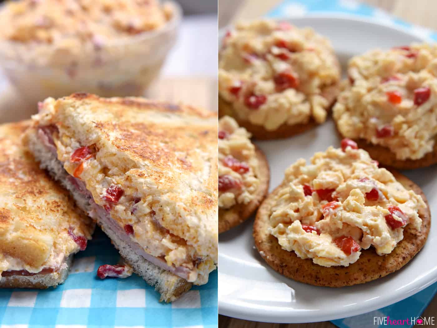 Pimento Cheese and Bacon Mini Cheese Ball Bites ~ mini cheese balls of homemade pimento cheese are rolled in a coating of crispy bacon, toasted pecans, and minced fresh jalapeños and then speared with a pretzel stick for fun, easy-to-eat appetizers, perfect for game day or any get-together! | FiveHeartHome.com Homemade pimento cheese as a sandwich and on crackers.