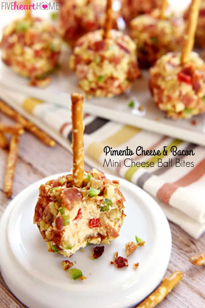 Pimento Cheese and Bacon Mini Cheese Ball Bites with text overlay.