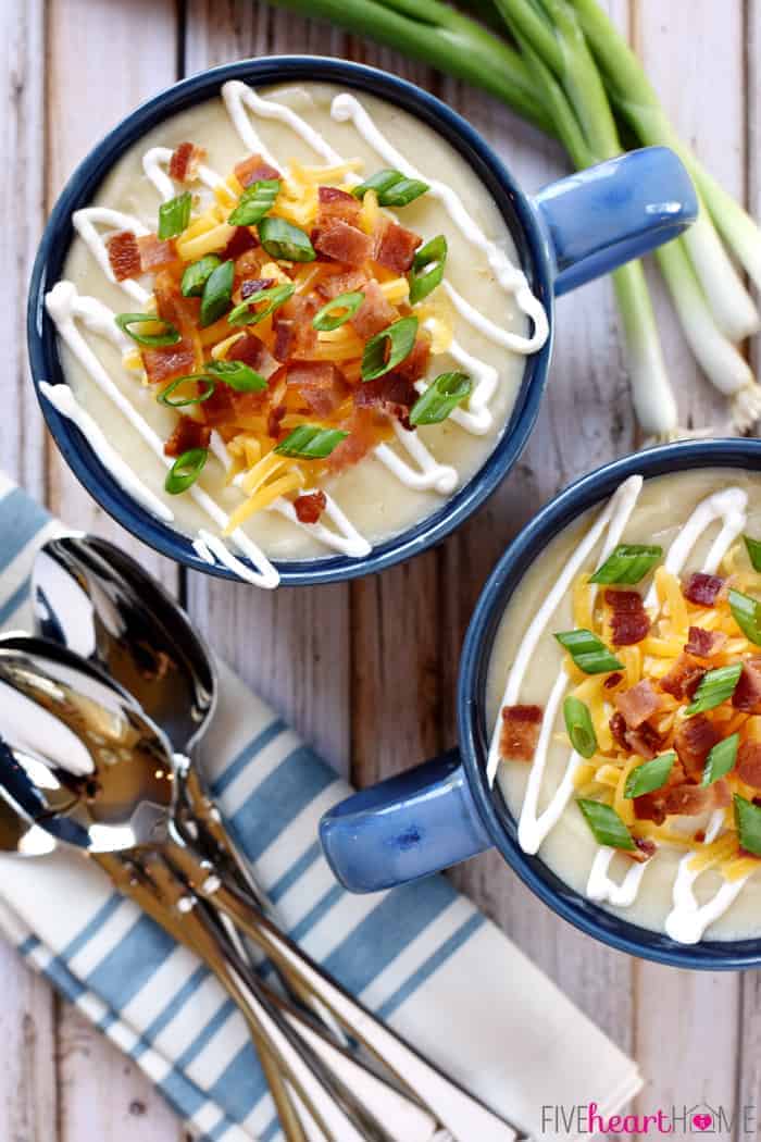 Slow Cooker Loaded Baked Potato Soup ~ a smooth and creamy crock pot soup garnished with a variety of toppings, from sour cream and shredded cheese to crispy bacon and green onions | FiveHeartHome.com