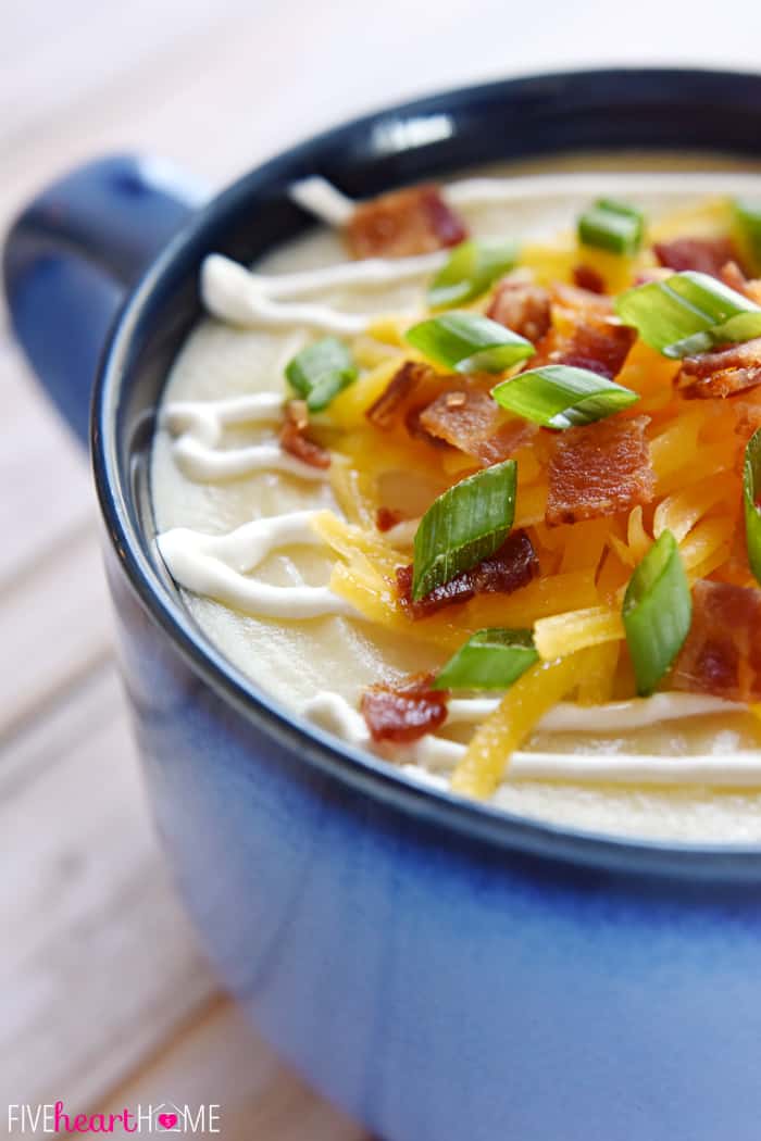 Slow Cooker Loaded Baked Potato Soup ~ a smooth and creamy crock pot soup garnished with a variety of toppings, from sour cream and shredded cheese to crispy bacon and green onions | FiveHeartHome.com