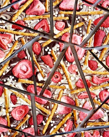 Strawberry Pretzel Chocolate Swirl Bark ~ semi-sweet and white chocolate, salty pretzels, tart strawberries, and festive sprinkles combine in this fun and tasty homemade candy! | FiveHeartHome.com
