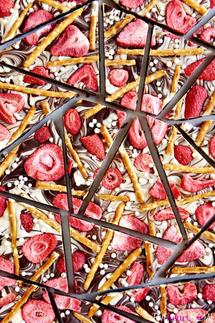 Strawberry Pretzel Chocolate Swirl Bark ~ semi-sweet and white chocolate, salty pretzels, tart strawberries, and festive sprinkles combine in this fun and tasty homemade candy! | FiveHeartHome.com