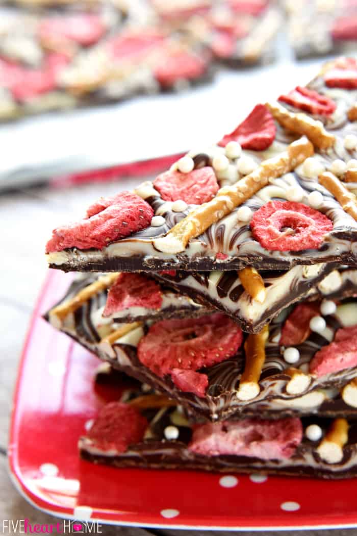 Pieces stacked up on a red and white polka dotted plate