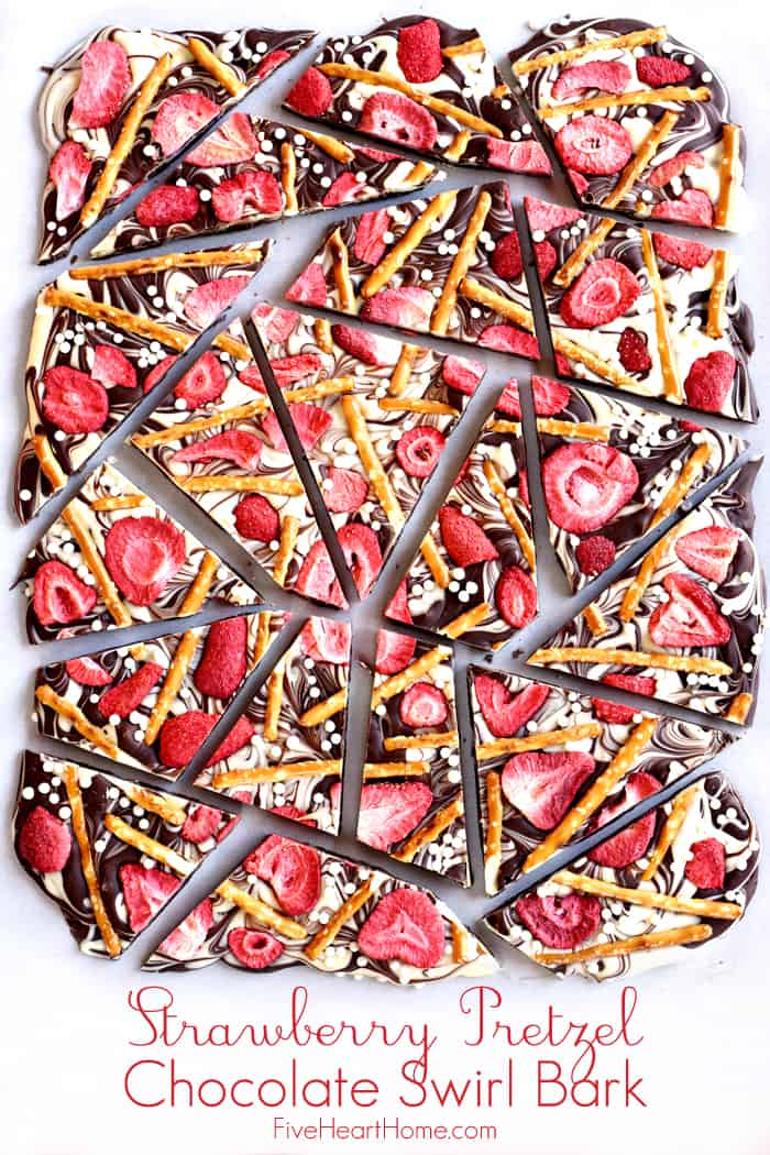 Strawberry Chocolate Pretzel Bark with text overlay 
