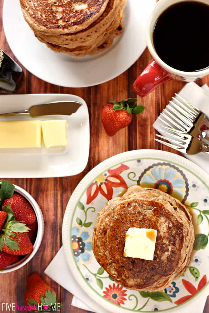 Aerial view of breakfast made with Whole Wheat Pancake Mix.