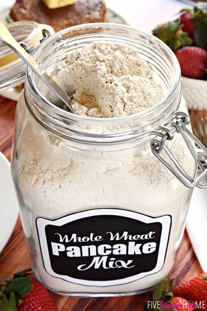 Labeled glass jar of Whole Wheat Pancake Mix.