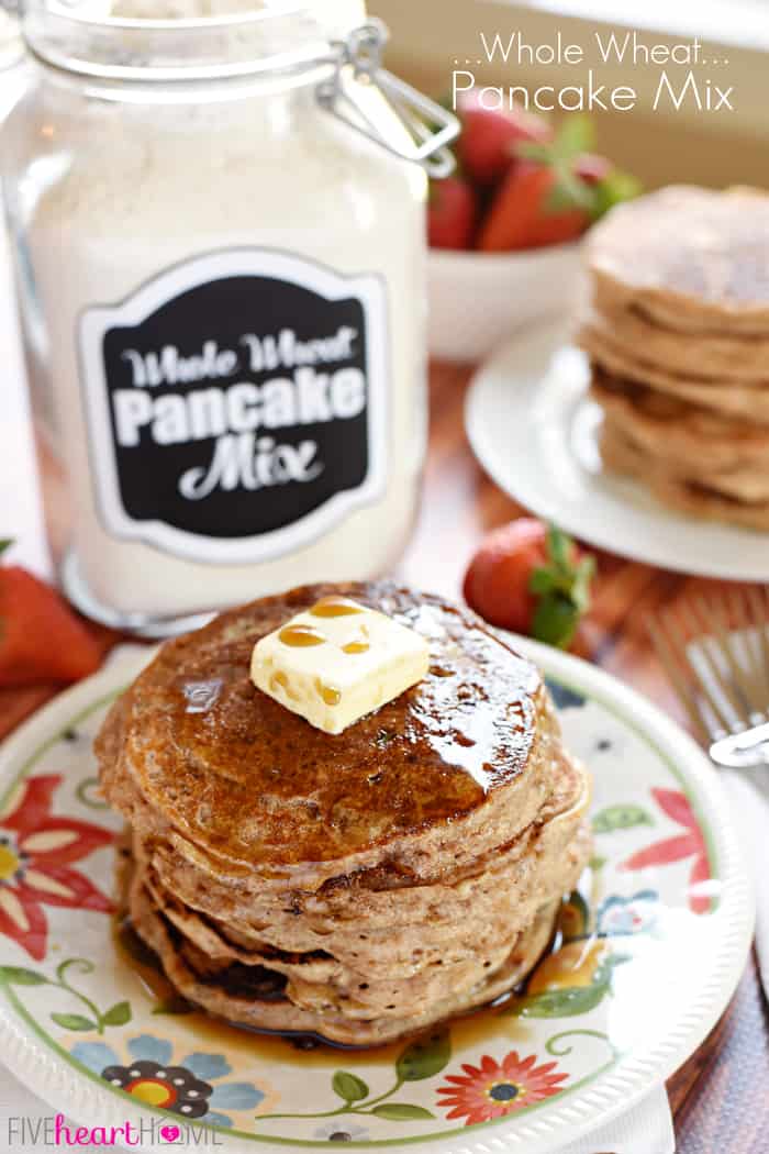 Whole Wheat Pancake Mix ~ keep a jar of this all-natural homemade mix in your pantry for a quick and easy breakfast of fluffy, 100% whole wheat buttermilk pancakes! | FiveHeartHome.com