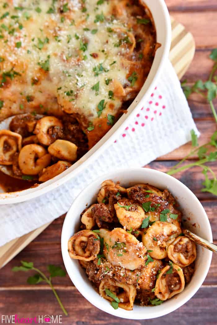 Aerial view of Baked Tortellini recipe.