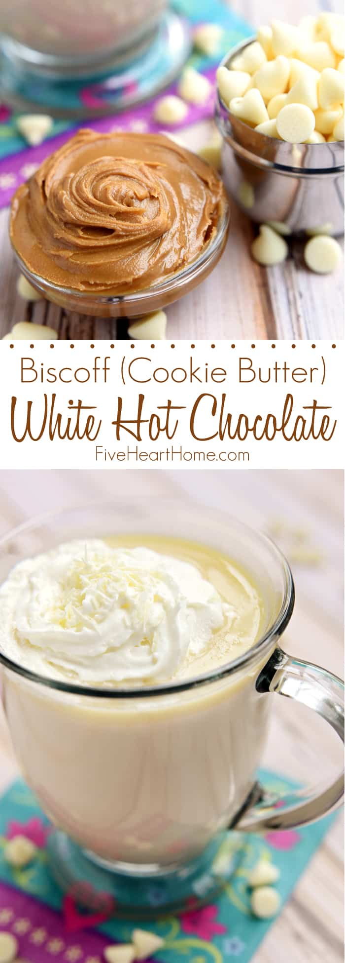 Cookie Butter White Hot Chocolate ~ Biscoff Spread and melted white chocolate make for a sweet, creamy, decadent, and warming drink | FiveHeartHome.com via @fivehearthome