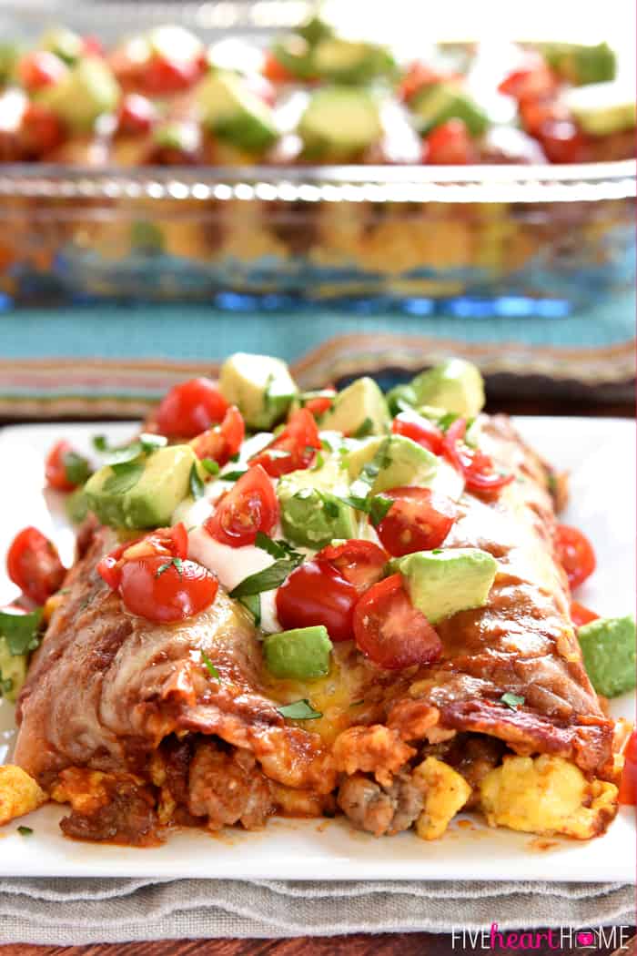 Breakfast Enchiladas with Garnish of Tomatoes, Avocado and Cilantro 