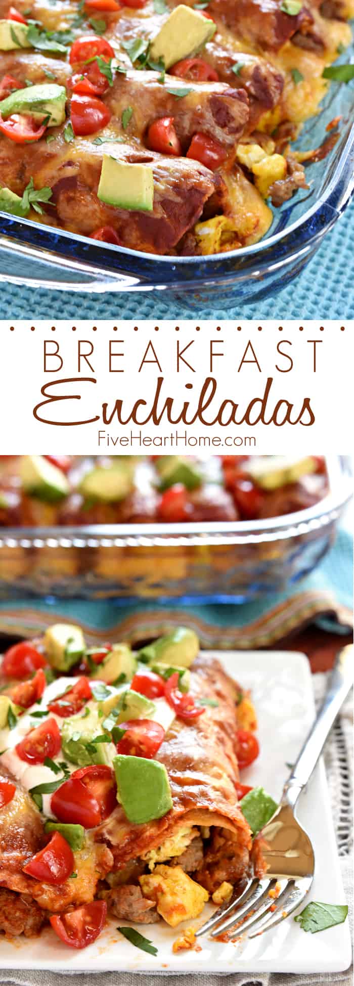 Breakfast Enchiladas ~ stuffed with sausage, eggs, and cheese, then topped with homemade red enchilada sauce, more cheese, and all of your favorite enchilada garnishes, these are even better than breakfast tacos! | FiveHeartHome.com via @fivehearthome