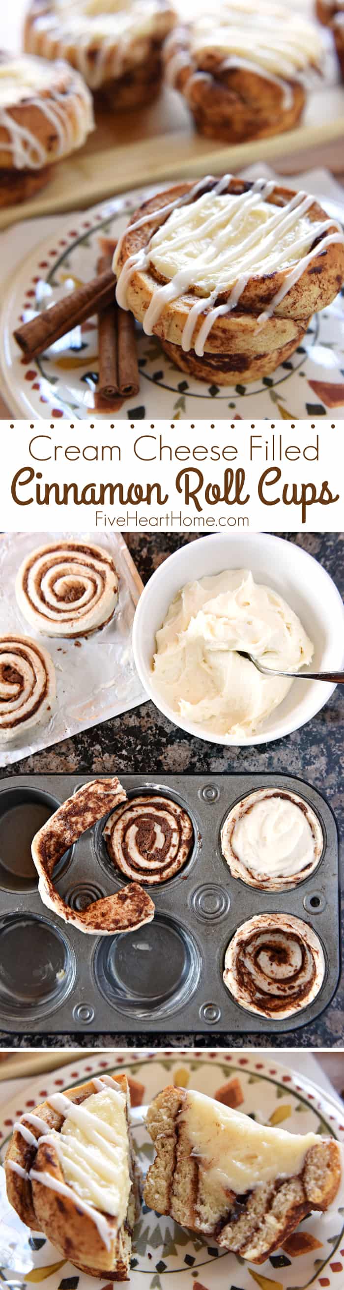 Cream Cheese Filled Cinnamon Roll Cups ~ fit refrigerated cinnamon rolls in a muffin pan, fill with sweetened cream cheese, bake until golden, and then drizzle with icing for a fun, easy, special breakfast treat! | FiveHeartHome.com via @fivehearthome