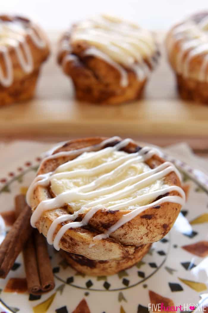 Cream Cheese Filled Cinnamon Roll Cups ~ fit refrigerated cinnamon rolls in a muffin pan, fill with sweetened cream cheese, bake until golden, and then drizzle with icing for a fun, easy, special breakfast treat! | FiveHeartHome.com Close-Up