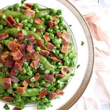 Aerial view of Creamed Peas with Bacon + Mint.