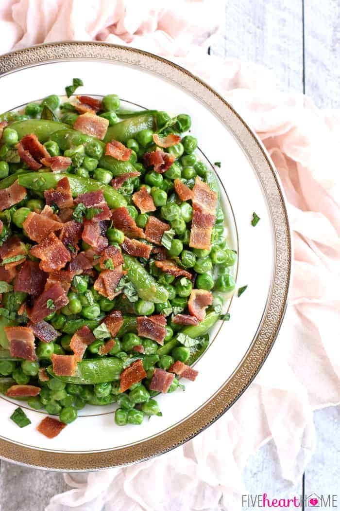 Aerial view of Easter side dish garnished with bacon.