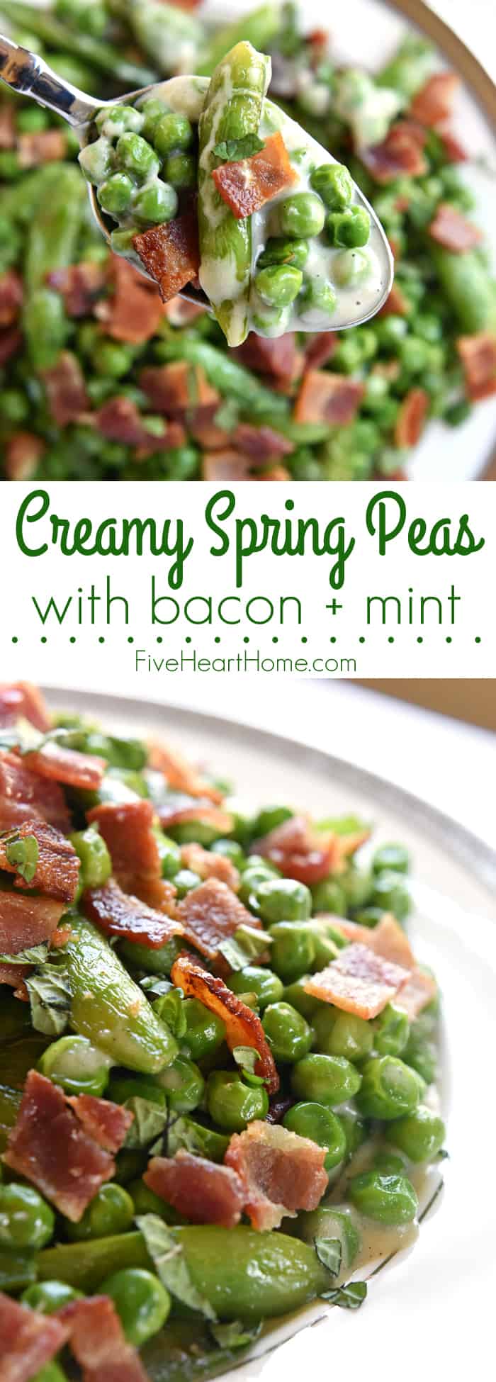 Creamed Peas with Bacon + Mint ~ this ultimate Easter side dish features a delicious combo of flavors and textures from sweet green peas, fresh sugar snaps, salty bacon, a decadent cream sauce, and refreshing pops of mint | FiveHeartHome.com via @fivehearthome