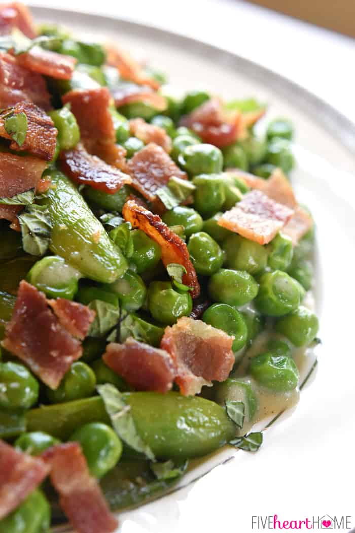 Close-up of Creamed Peas with Bacon + Mint.