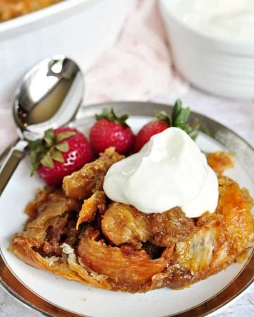 Easy Caramel Croissant Bread Pudding ~ this simple yet decadent dessert features a homemade, 5-minute caramel sauce and leftover buttery croissants | FiveHeartHome.com