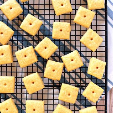 Aerial view of Cheese Crackers on cooling rack.