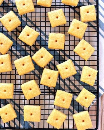 Aerial view of Cheese Crackers on cooling rack.
