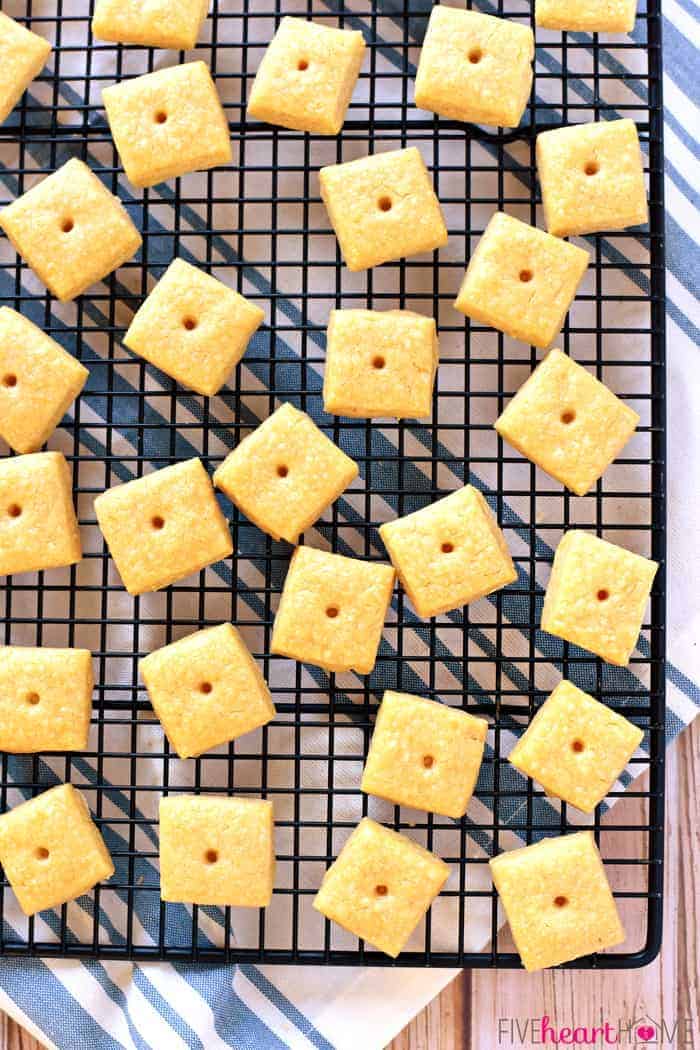 Aerial view of Cheese Crackers on cooling rack. 