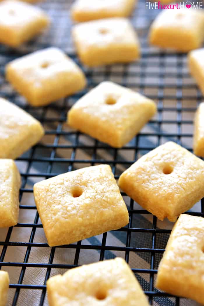 Close-up of Cheese Crackers recipe on cooling rack.