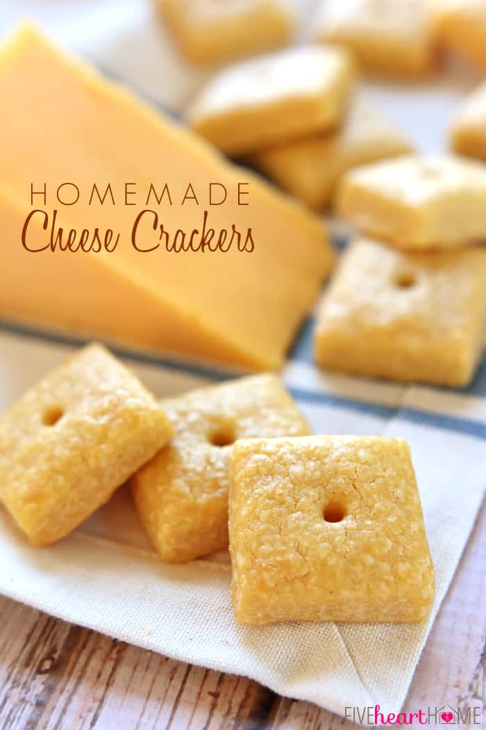 Homemade Cheese Crackers ~ tasty and all-natural, these savory crackers are not only kid approved, but you won't believe how easy they are to make! | FiveHeartHome.com Homemade Cheese Crackers with text overlay.