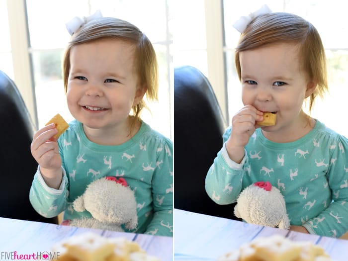 Homemade Cheese Crackers ~ tasty and all-natural, these savory crackers are not only kid approved, but you won't believe how easy they are to make! | FiveHeartHome.com Toddler eating Cheese Crackers.