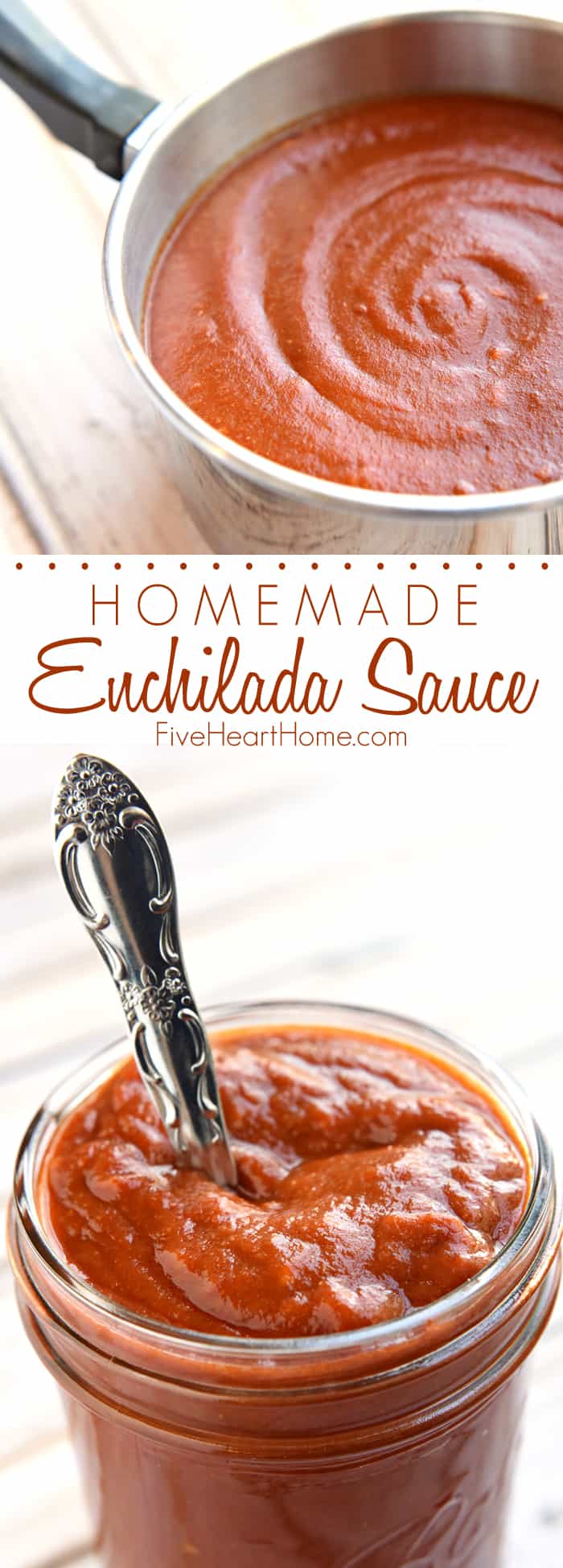 Homemade Red Enchilada Sauce ~ all-natural, quick and easy to make, full of flavor, and as mild or spicy as you prefer | FiveHeartHome.com via @fivehearthome