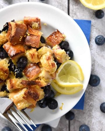 Lemon Blueberry Overnight Baked French Toast with Lemon Syrup ~ bursting with juicy berries and layered with lemon-infused cream cheese, this make-ahead recipe would be a special breakfast or brunch for celebrating Easter or spring! | FiveHeartHome.com