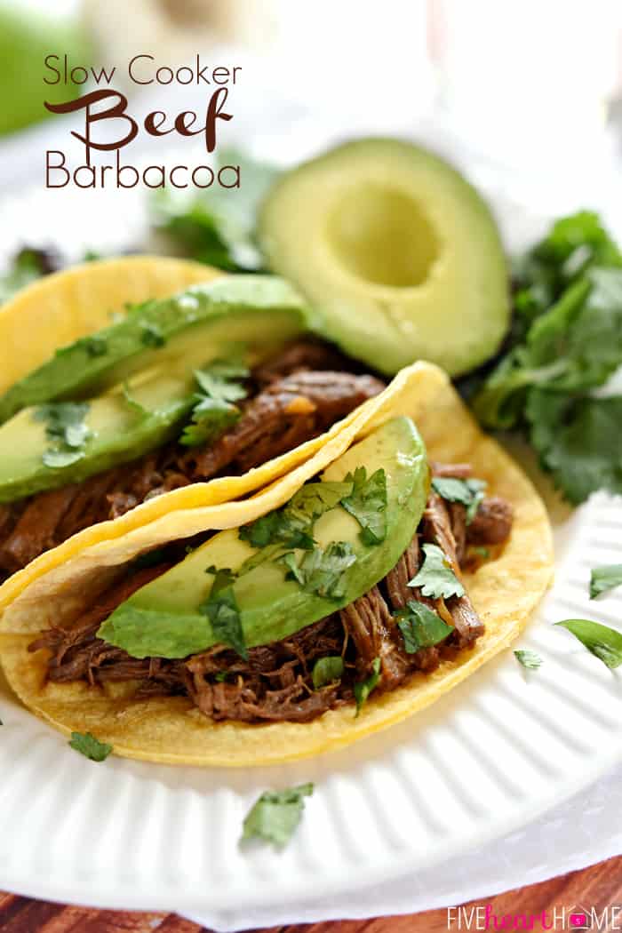 Slow Cooker Beef Barbacoa ~ flavored with smoked chipotles in adobo, fresh garlic, cilantro, and Mexican spices, this tender, juicy meat is an ideal filling for tacos, burritos, and quesadillas, or a tasty topping for rice bowls and salads | FiveHeartHome.com