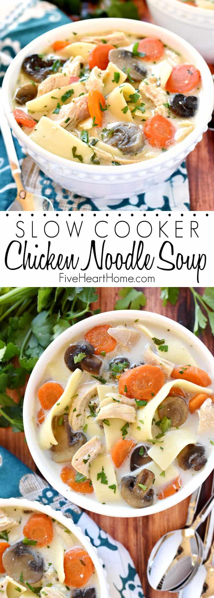 The BEST Slow Cooker Chicken Noodle Soup ~ wholesome and easy to make, this crock pot soup is extra flavorful thanks to a few secret ingredients...and it's the perfect get-well-soon recipe for making it through cold and flu season! | FiveHeartHome.com via @fivehearthome
